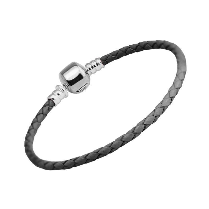 Authentic 925 Sterling Silver Barrel Clasp Bracelets With Dark Grey Leather for Women Fit Charm Beads DIY Fine Jewelry SLE012