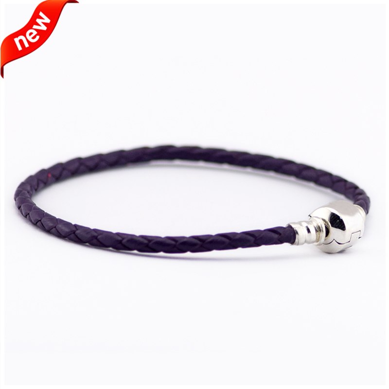 Authentic 925 Sterling Silver Barrel Clasp Bracelets With Dark Purple Leather for Women Fit Charm Beads DIY Fine Jewelry SLE013