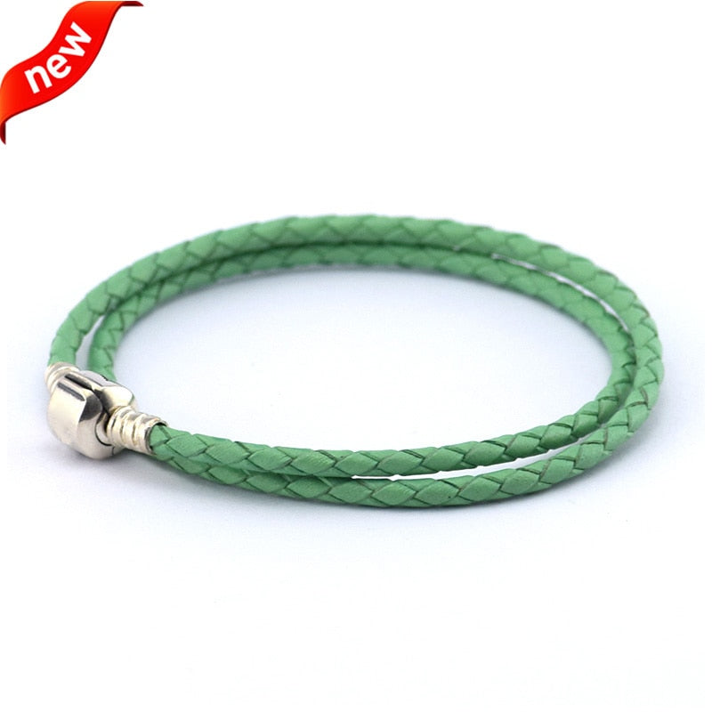 Authentic 925 Sterling Silver Barrel Clasp Bracelets With Green Leather for Women Fit Charm Beads DIY Fine Jewelry SLE011