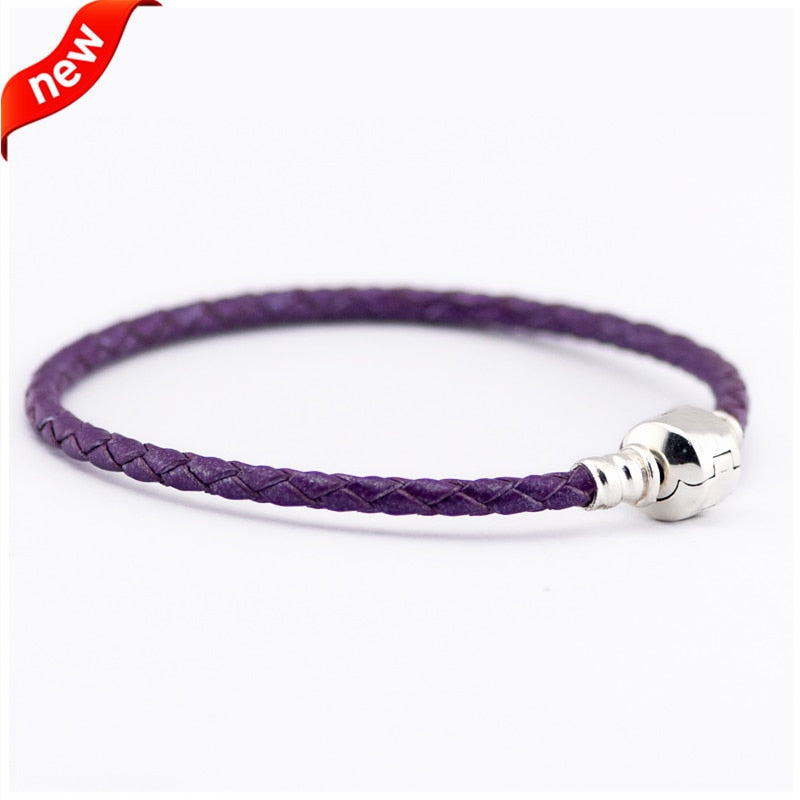 Authentic 925 Sterling Silver Barrel Clasp Bracelets With Light Purple Leather for Women Fit Charm Beads DIY Fine Jewelry SLE017