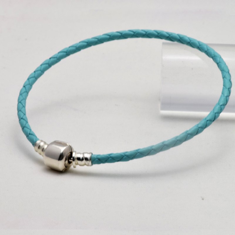 Authentic 925 Sterling Silver Barrel Clasp Bracelets With Ocean Blue Leather for Women Fit Charm Beads DIY Fine Jewelry SLE015
