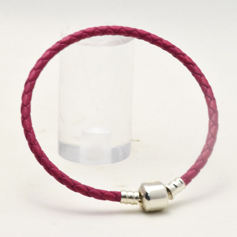 Authentic 925 Sterling Silver Barrel Clasp Bracelets With Rose Leather for Women Fit Charm Beads DIY Fine Jewelry SLE020