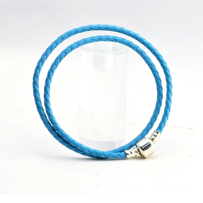 Authentic 925 Sterling Silver Barrel Clasp Bracelets With Sky Blue Leather for Women Fit Charm Beads DIY Fine Jewelry SLE016