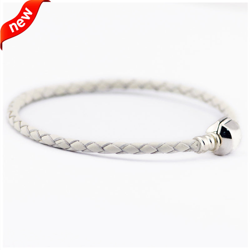 Authentic 925 Sterling Silver Barrel Clasp Bracelets With White Leather for Women Fit Charm Beads DIY Fine Jewelry SLE018