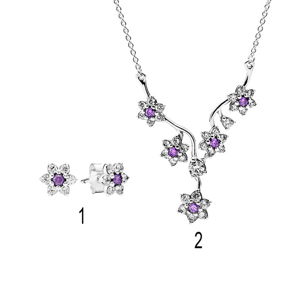 Authentic-925-Sterling-Silver-Forget-me-not-Necklace-For-Women-Purple-Clear-CZ-with-Crystal-fit