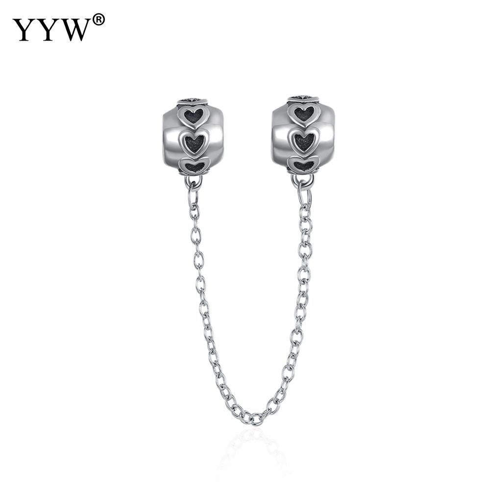 Authentic 925 Sterling Silver Heart Safety Chain Charm Beads Fit Original European Charm Bracelet Women for Fine Jewelry Making