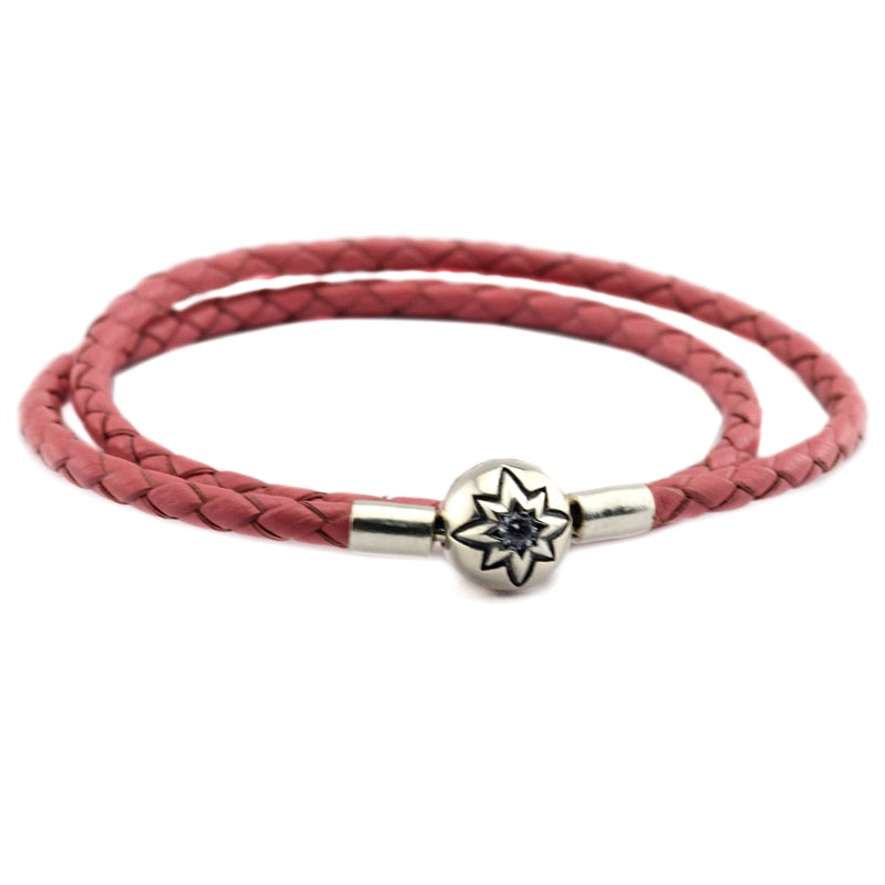 Authentic 925 Sterling Silver Jewelry Pink Leather Bracelets