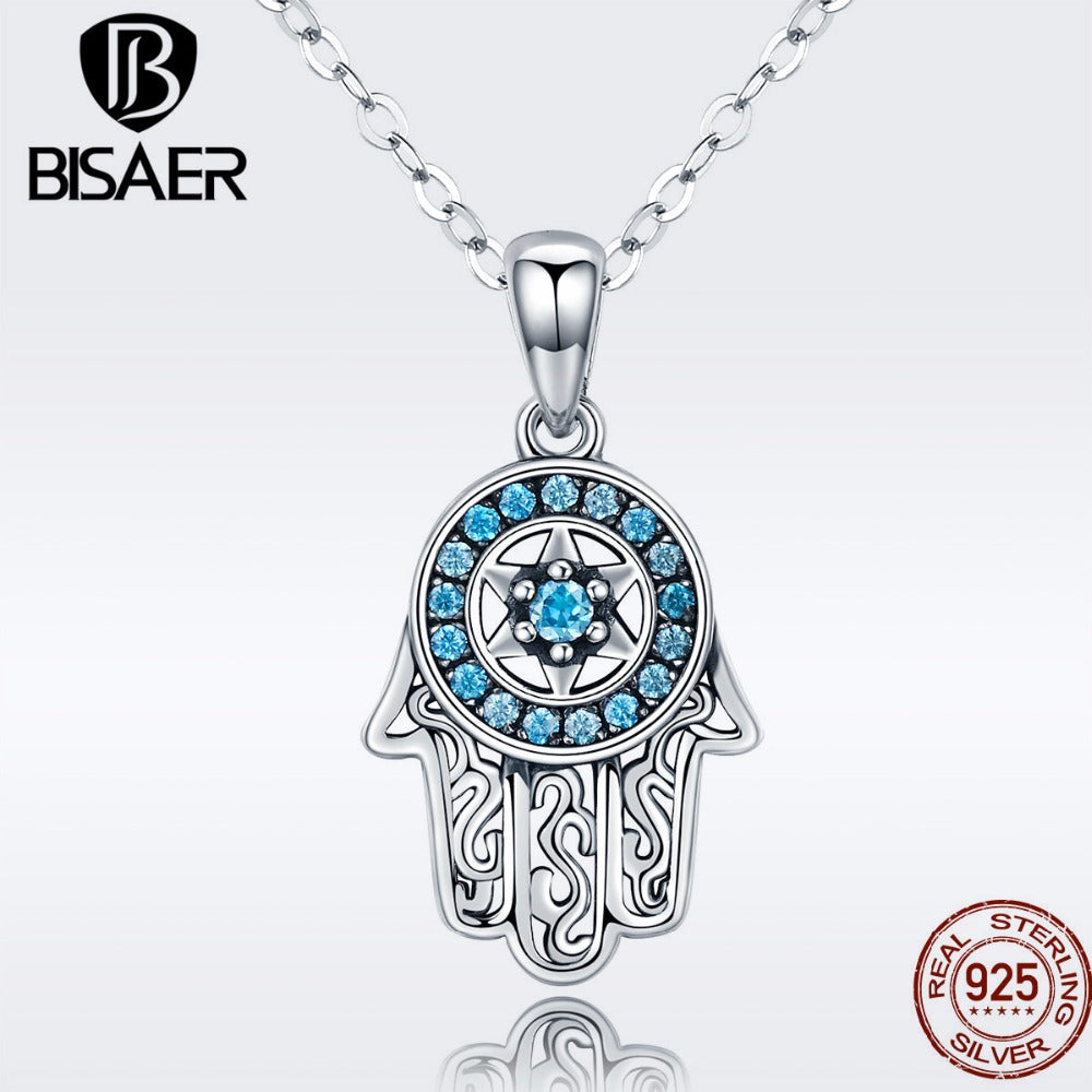 Authentic 925 Sterling Silver Lucky Hamsa Hand Long Necklaces Pendants Fatima Hand Necklace Women Jewelry bijoux Collar ECN264