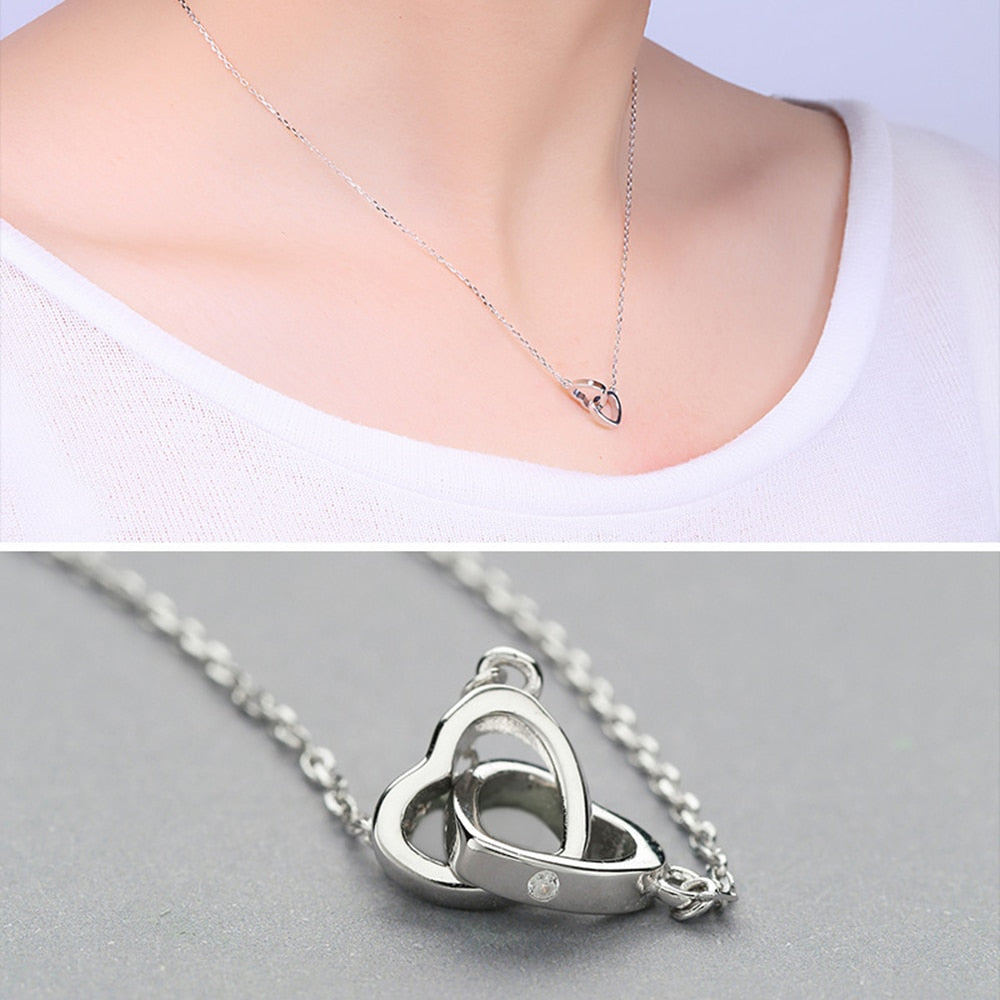 Authentic 925 Sterling Silver Pendant Necklace Simple Heart To Heart Crystal Necklaces for Women Party Wedding Necklaces Jewelry