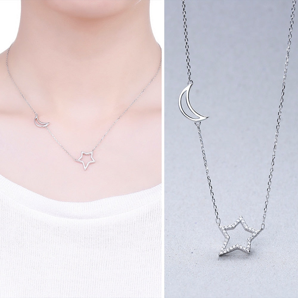 Authentic 925 Sterling Silver Pendant Necklace Simple Moon Star Crystal Necklaces for Women Party Wedding Necklaces Jewelry