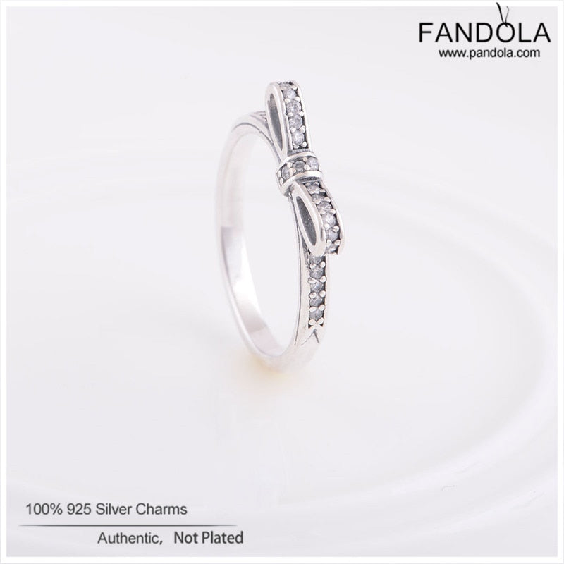 Authentic 925 Sterling Silver Ring Sparkling Bow Clear CZ Rings For Women Engagement Wedding Gift Europe Jewelry #6-9