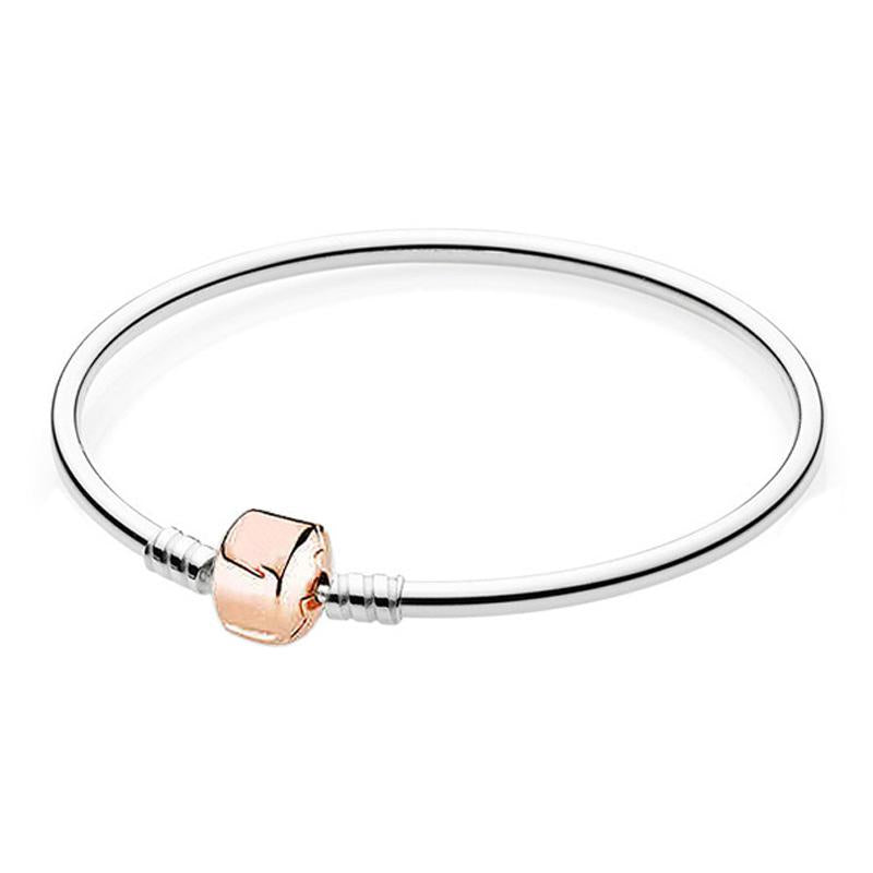 Authentic 925 Sterling Silver Rose Gold Barrel Clasp Snake Chain Basic Pandora Bracelet Bangle Fit Women Bead Charm Jewelry