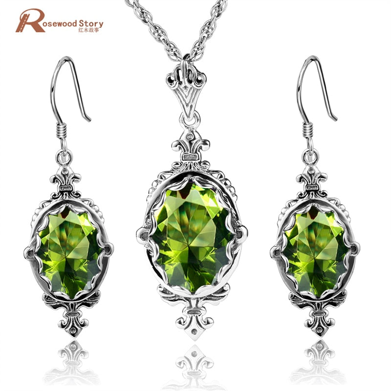 Authentic 925 Sterling Silver Set Bridal Jewelry Olive Green CZ Jewelry Sets For Women Party Vintage Handmade Earrings/Pendant