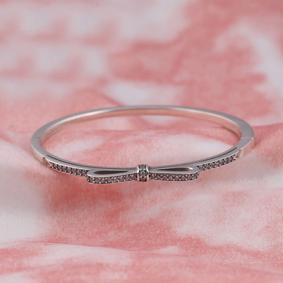 Authentic 925 Sterling Silver Sparkling Bow Clear CZ Bangle Bracelet Bangle For Women Wedding Gift fit Lady Fine Jewelry