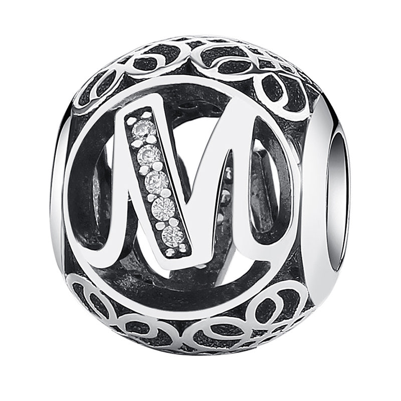 Authentic 925 Sterling Silver Vintage A to T, Clear CZ Letter Round Beads Fit BISAER Charm Bracelets Original Jewelry EDC008
