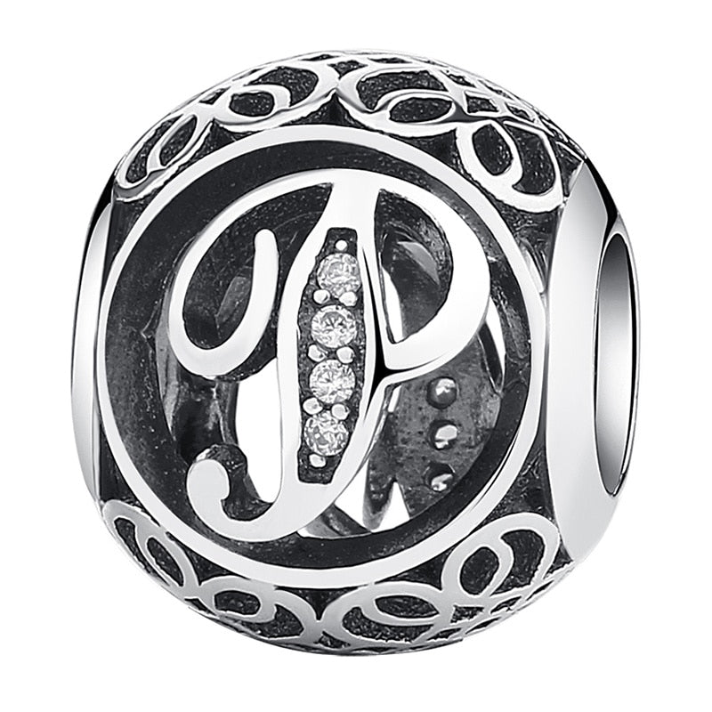 Authentic 925 Sterling Silver Vintage A to T, Clear CZ Letter Round Beads Fit BISAER Charm Bracelets Original Jewelry EDC008
