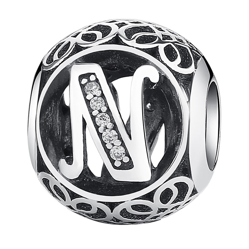 Authentic 925 Sterling Silver Vintage A to T, Clear CZ Letter Round Beads Fit BISAER Charm Bracelets Original Jewelry EDC008