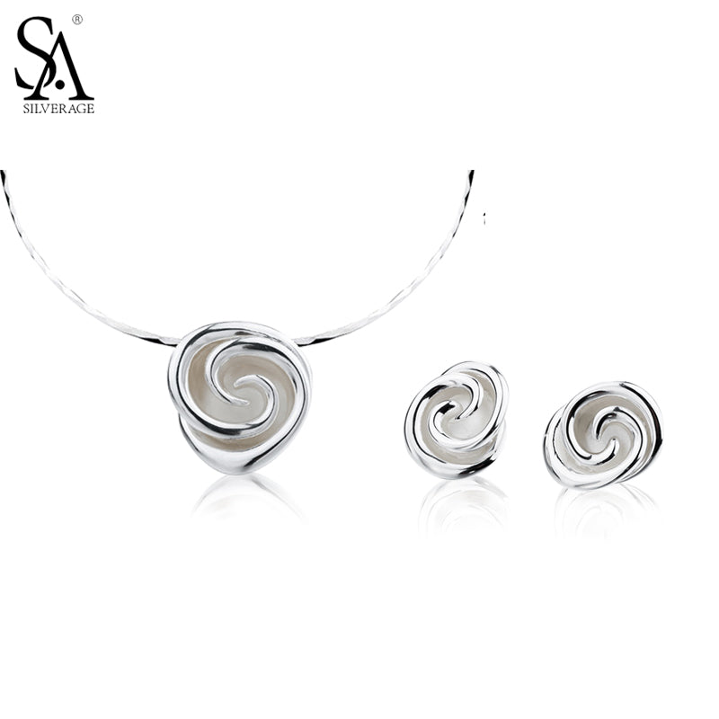 Authentic 925 Sterling Silver Wedding Jewelry Sets Rose Choker Pendant Necklaces & Stud Earrings Fine Jewelry Sets for Gift