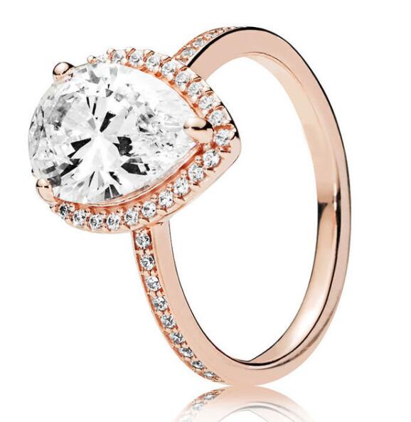 Authentic 925 Sterling Silver pandora  Ring Rose Radiant Large TeardroP Crystal Rings For Women Wedding Party Gift Jewelry