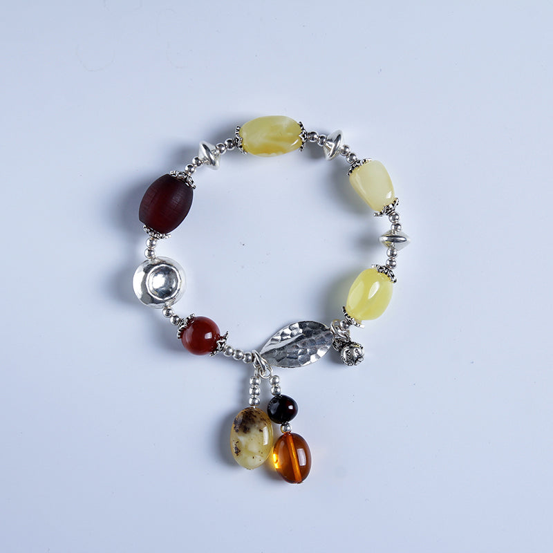 Authentic Pure handmade leather cord 100% Sterling silver DIY beeswax bracelet natural amber beeswax original stone BR4014