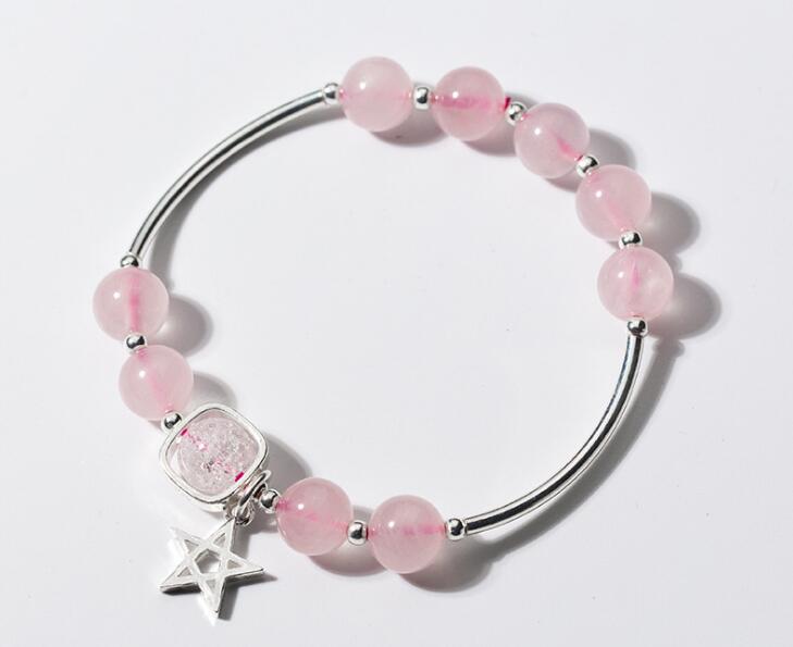 Authentic Real. 925 Sterling Silver Fine Jewelry Natural Rose Quartz Stone &Star Lucky Beads charms bangle Bracelet GTLS675