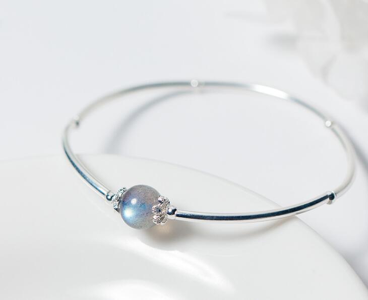 Authentic Real. 925 Sterling Silver Fine Jewelry Round Grey Natural Moonstone Bangle Cuff Bracelet with Flower Charms GTLS677