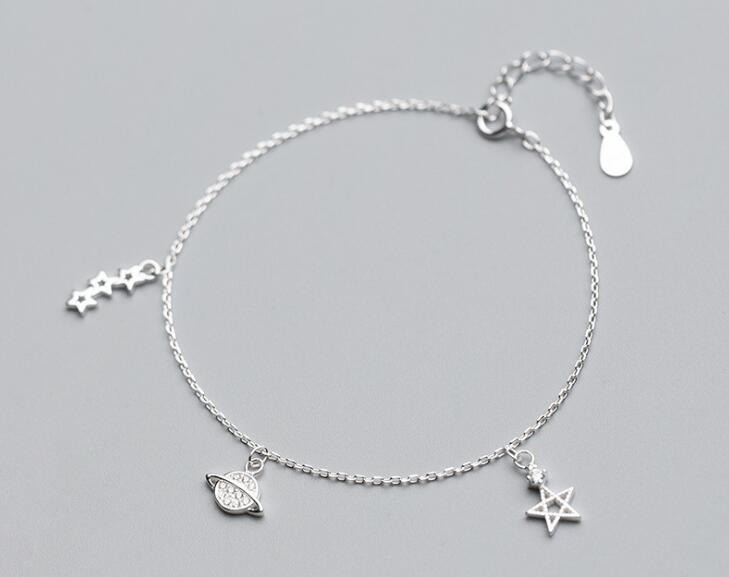 Authentic Real. 925 Sterling Silver Fine Jewelry Star &galaxy Planet Chain Bracelet zirconia GTLS686