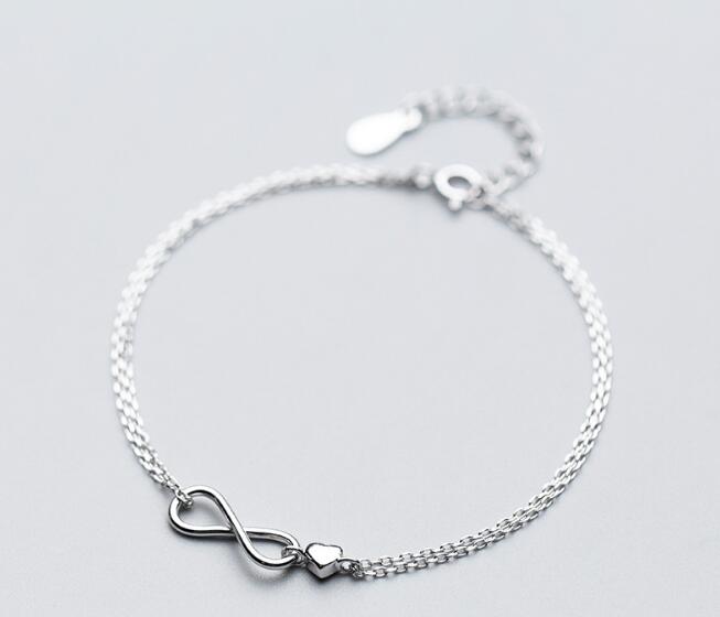 Authentic Real. 925 Sterling Silver Fine Jewelry double rows perpetual eternal love knot &heart love Chain Bracelet GTLS687