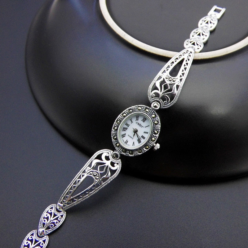Authentic S925 Sterling Silver Retro Thai Silver Watch Vintage Fashion Ladies Silver Detachable Section Bracelet