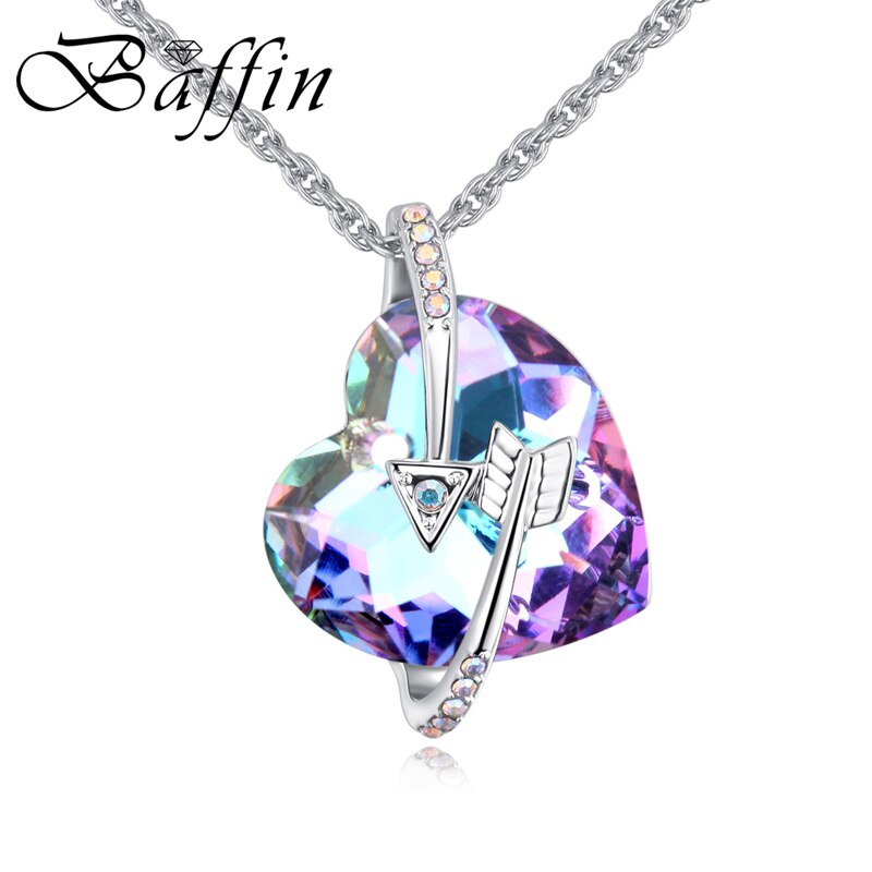 BAFFIN Romantic Jewelry Arrow Heart Pendant Necklaces Blue Purple Crystal From SWAROVSKI Silver Color Chain Necklaces For Women