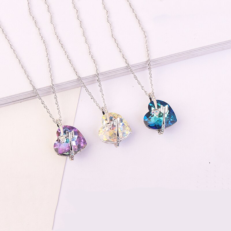 BAFFIN Romantic Jewelry Arrow Heart Pendant Necklaces Blue Purple Crystal From SWAROVSKI Silver Color Chain Necklaces For Women