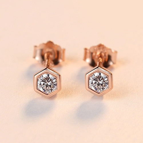 Simple Fashion Mini Hexagon Stud Earrings Gold Color Real 925 Sterling Silver Jewelry White Zircon Earrings For Women