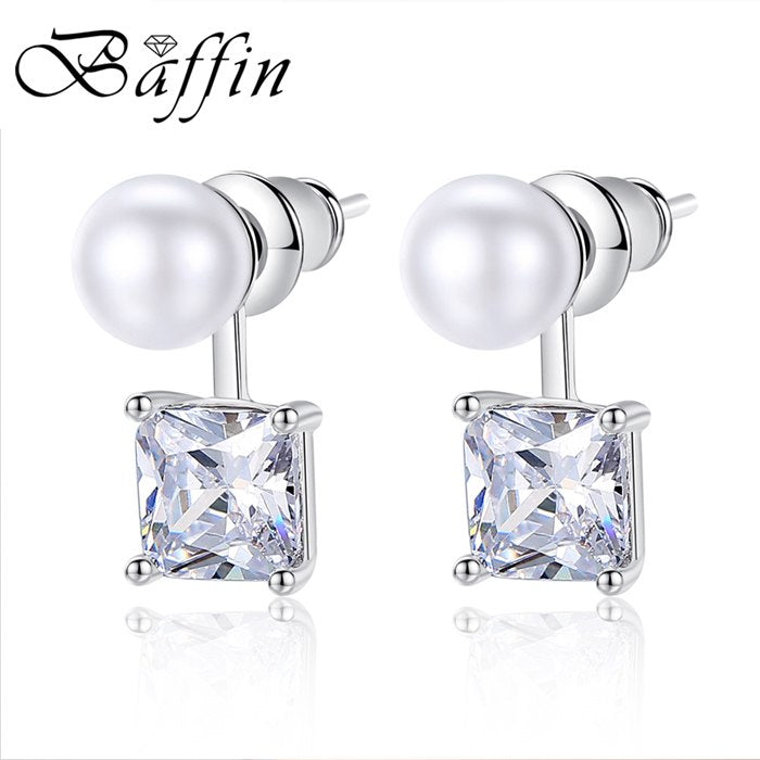White Simulated Pearl Silver Color Earring Jackets Zirconia Crystal Piercing Earrings Fashion Jewelry For Women 2020 Gift