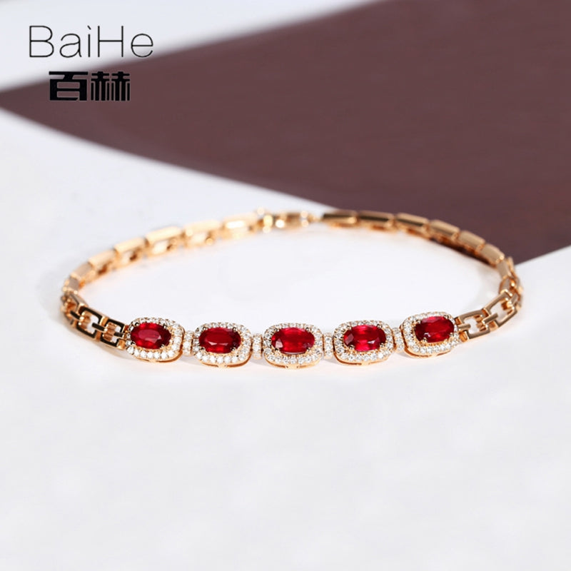 BAIHE Solid 14K Rose Gold 1.7ct Certified Oval cut 100% Genuine Natural Ruby Wedding Women Trendy Fine Jewelry unique Bracelet