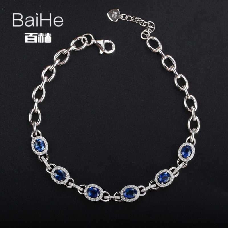 BAIHE Solid 14K White Gold 2ct Certified Oval 100% Genuine Natural Sapphire Wedding Women Classic Fine Jewelry unique Bracelet