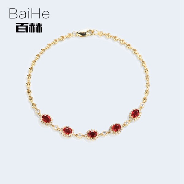 BAIHE Solid 14K Yellow Gold 1CT Certified H/SI 100% Genuine Natural Ruby Anniversary Women Trendy Fine Jewelry unique Bracelet