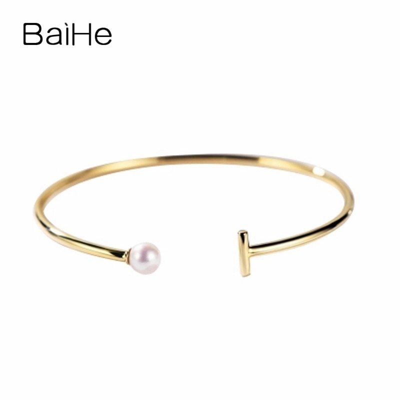 BAIHE Solid 14K Yellow Gold 5-5.5mm Certified Round Flawless 100% Genuine Natural Pearl Wedding Women Trendy Bracelet