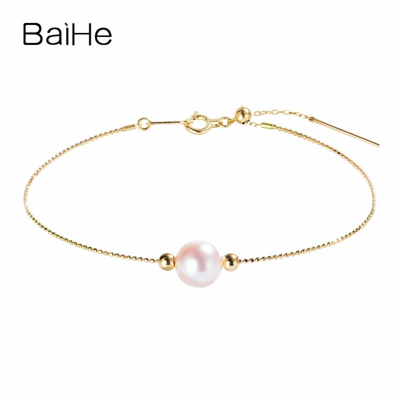 BAIHE Solid 14K Yellow Gold 7mm Certified 100% pearls Anniversary Women Trendy Fine Jewelry Elegant unique Bracelet