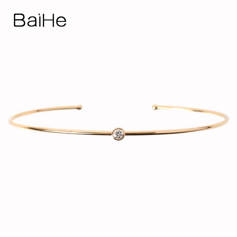 BAIHE Solid 14K Yellow Gold(AU585) 0.10ct H/SI 100% Genuine Natural Diamond Wedding Women Trendy Elegance Sweetness Gift Bangles