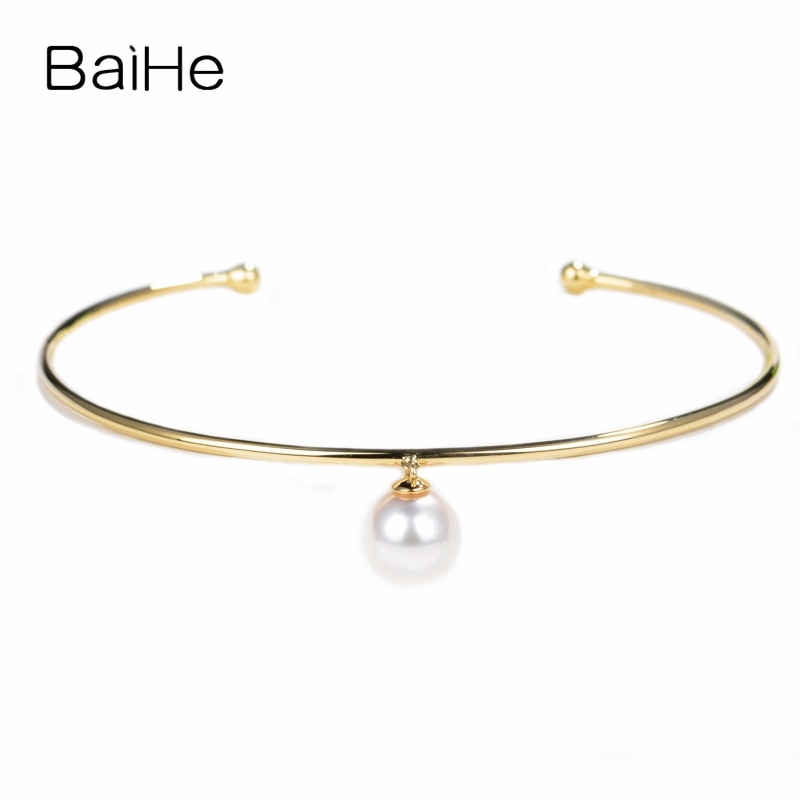 BAIHE Solid 14K Yellow Gold About 7.5mm 100% Genuine Natural pearl Wedding Women Trendy Fine Jewelry Gift Bracelet