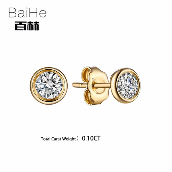 BAIHE Solid 14K Yellow Gold Certified 0.10ct H/SI Round Genuine Natural Diamonds Engagement Trendy Fine Jewelry Stud Earrings