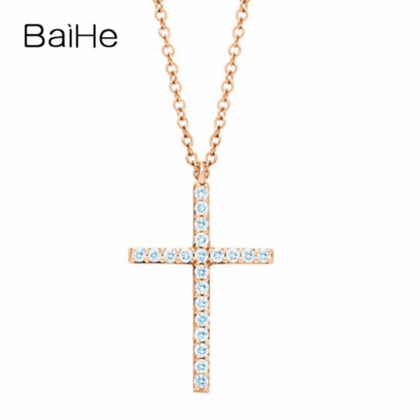 BAIHE Solid 18K Rose Gold 0.10CT Certified Genuine Natural Diamonds Women Wedding Office/career Fine Jewelry Elegant Necklaces