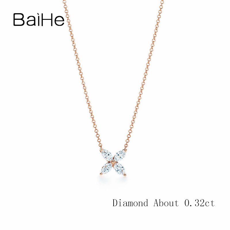 BAIHE Solid 18K Rose Gold 0.32CT Certified H/SI 100% Genuine Natural Diamonds Engagement Women Trendy Fine Jewelry Necklaces