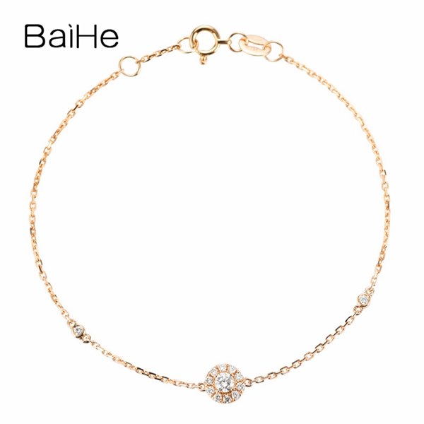 BAIHE Solid 18K Rose Gold(AU750) 0.11ct H/SI Round Full CUT 100% Genuine Natural Diamond Wedding Trendy Fine Jewelry Bracelet