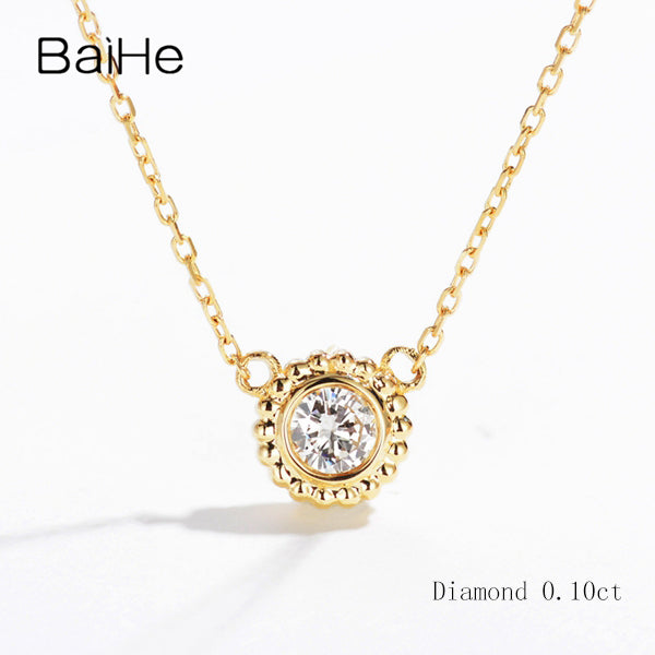 BAIHE Solid 18K Yellow Gold 0.10ct Certified H/SI Genuine Natural Diamond Women Vintage Fine Jewelry Elegant unique Necklaces