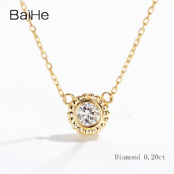 BAIHE Solid 18K Yellow Gold 0.10ct Certified H/SI Genuine Natural Diamond Women Vintage Fine Jewelry Elegant unique Necklaces