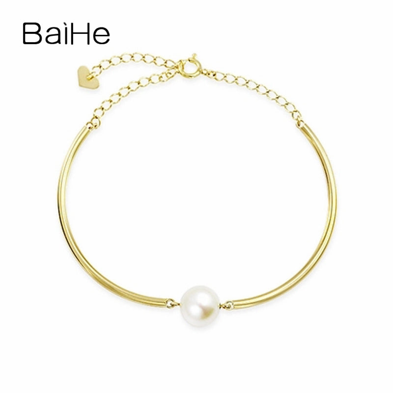 BAIHE Solid 18K Yellow Gold 8-8.5mm Round Cut 100% Genuine Natural Pearl Wedding Trendy Fine Jewelry Gift Bracelet