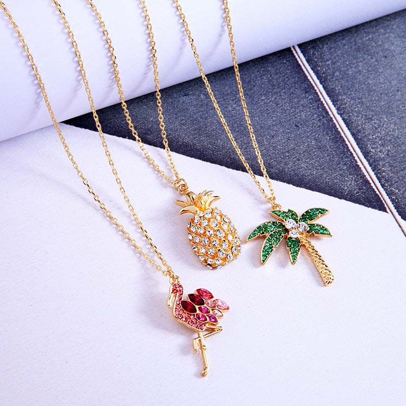 BALANBIU Crystal Necklace For Women Pineapple Flamingo Coconut Tree Pendant Necklace Gold Color Jewelry