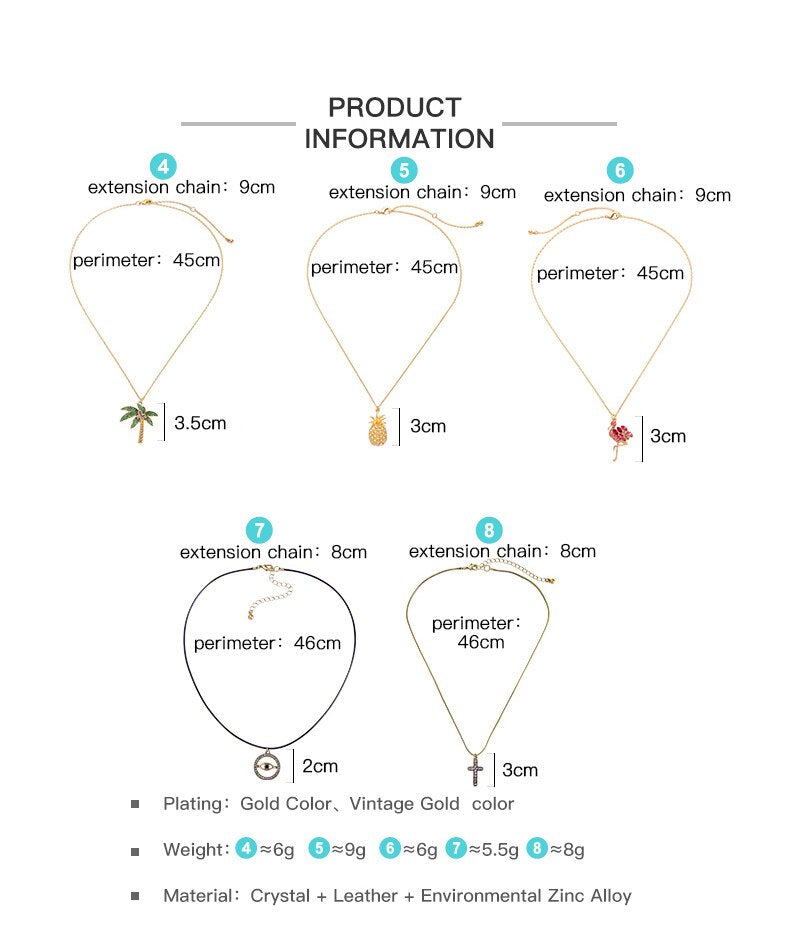 BALANBIU Crystal Necklace For Women Pineapple Flamingo Coconut Tree Pendant Necklace Gold Color Jewelry