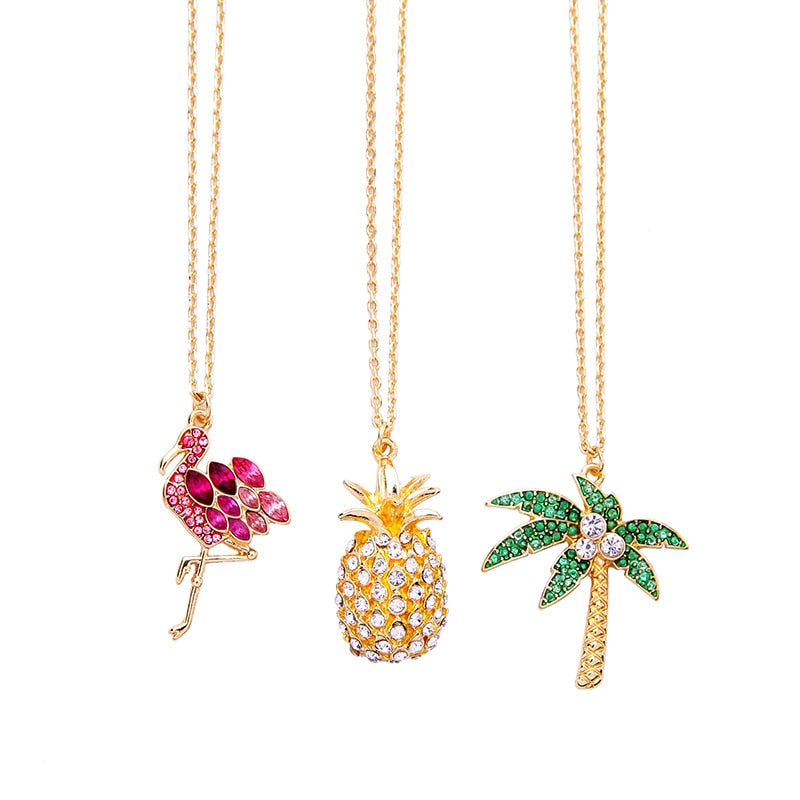 BALANBIU Crystal Necklace For Women Pineapple Flamingo Coconut Tree Pendant Necklace Gold Color Jewelry